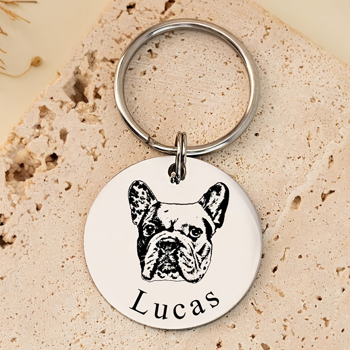TEMU A Personalized Custom Keychain Featuring A Pet Portrait Photo And Name, In Stainless Steel In Golden, Silvery, . This Custom Keychain Is Perfect