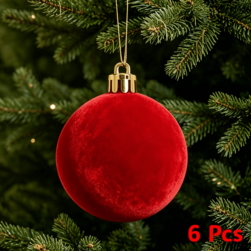 TEMU 6-pack Large Red Velvet Christmas Balls, 10cm Velvet Texture Christmas Balls, Christmas Tree Ornaments Festive Atmosphere Decorations, Suitable