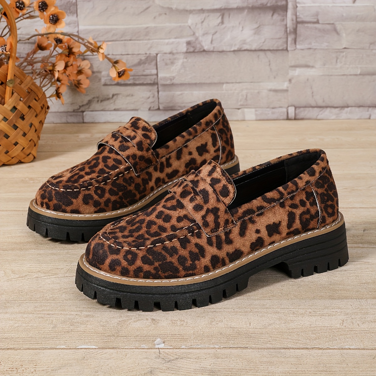 women's wide fit leopard print platform loafers flat casual Temu