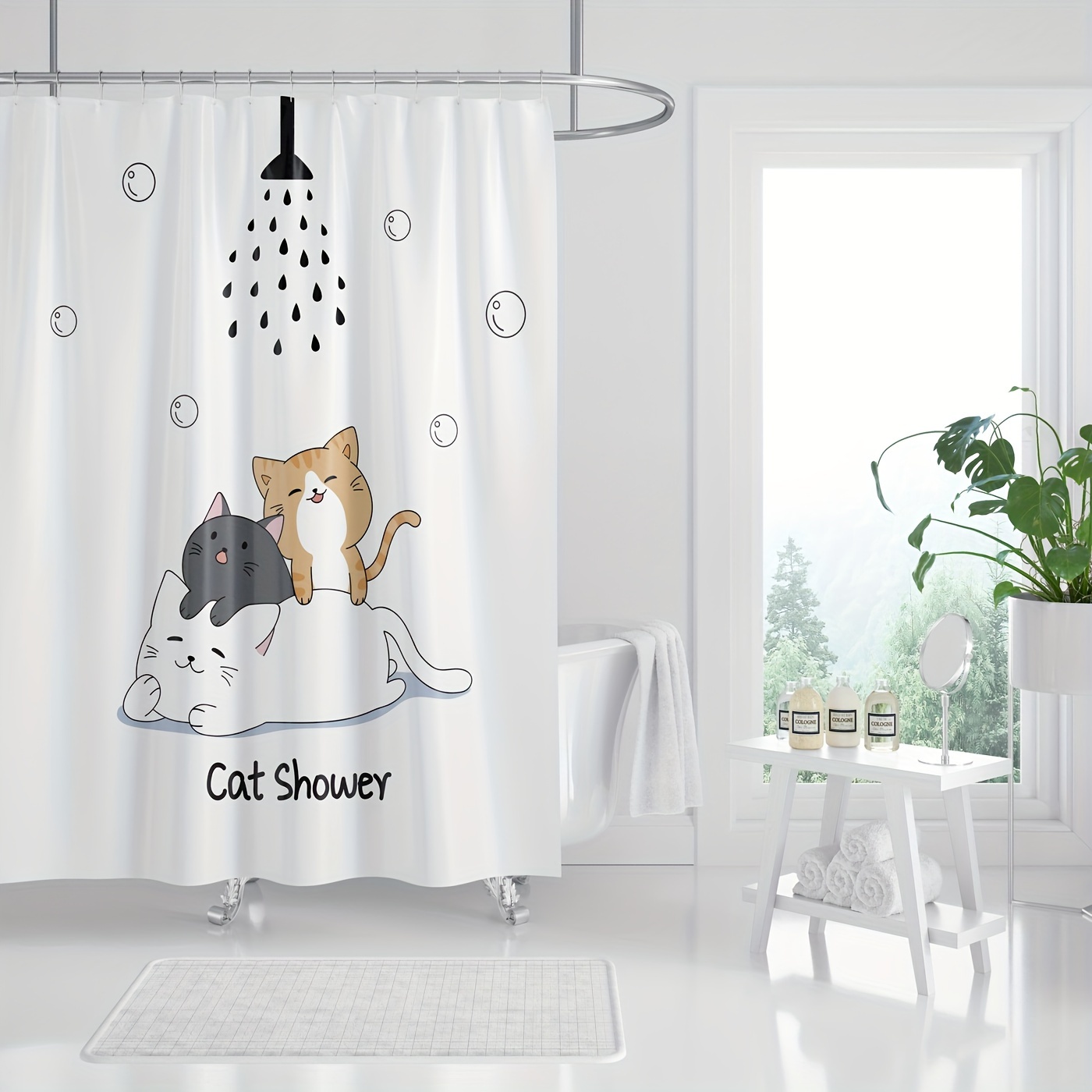 

One-piece Cat Animal Shower Curtain, Cute Cat Shower Curtain Set, Waterproof And Comfortable Touch, Suitable For Bathroom Decoration, Includes 12 Hooks, 72x72 Inch Shower Ring Top Structure