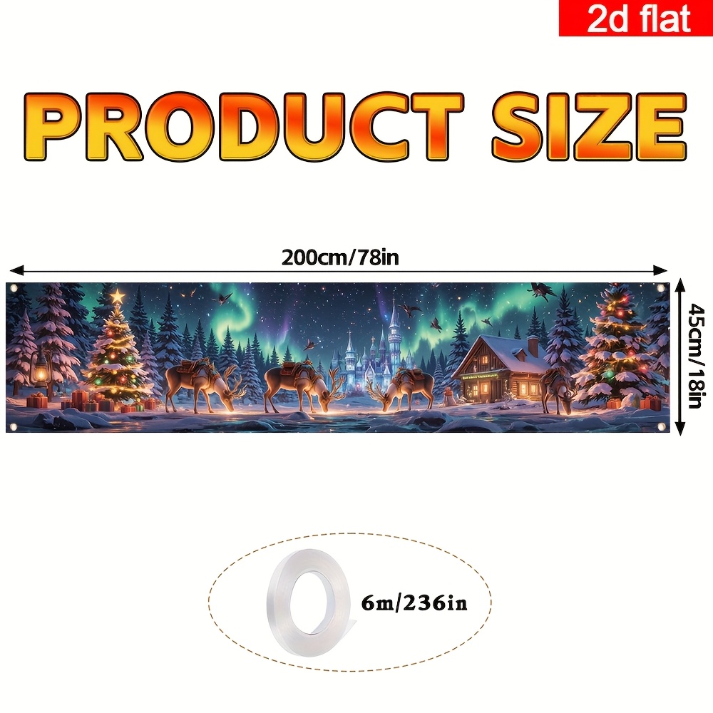 TEMU 2d Flat, 1pc Large Outdoor/ Merry Christmas Banner - Northern Lights Winter Scene With Reindeer & Northern Lights, Self-lit-like Glow (no) -