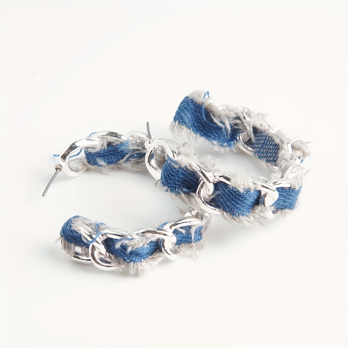 TEMU Blue Denim Silvery Chain Hoop Earrings Vintage Trendy Metal Hoop Earrings For Music Festival Vacation Party