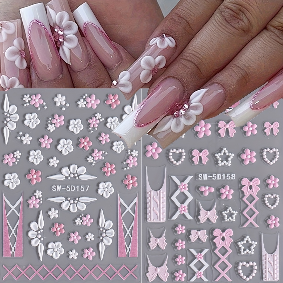 

2pcs 5d Embossed Floral & Bow Nail Art Stickers - Matte , Self-adhesive Decals For Diy Manicure