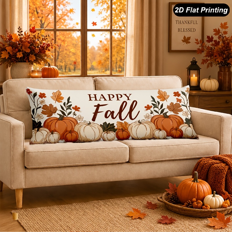 TEMU 1pc Short Plush Happy Fall Pumpkin Leaves Fall Throw Pillow Long Lumbar Throw Pillowcase Cushion Cover For Sofa Home Decorative Fall Decor 20x54