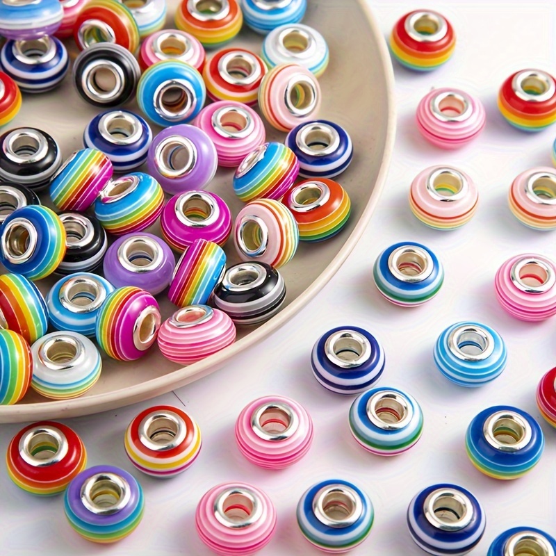 

50pcs 9*14mm Rainbow Resin Large Hole Bead Loose Bead Movable Bead Suitable For Bracelet Accessories Diy