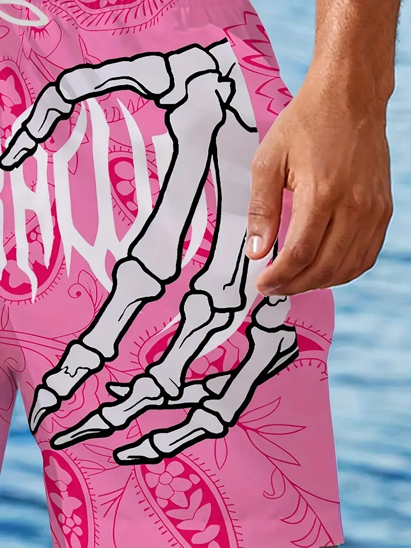 Pantalones Cortos De Playa Para Hombre - Estampado Calavera Y Rosas, Poliéster Con Forro De Malla, Talla M