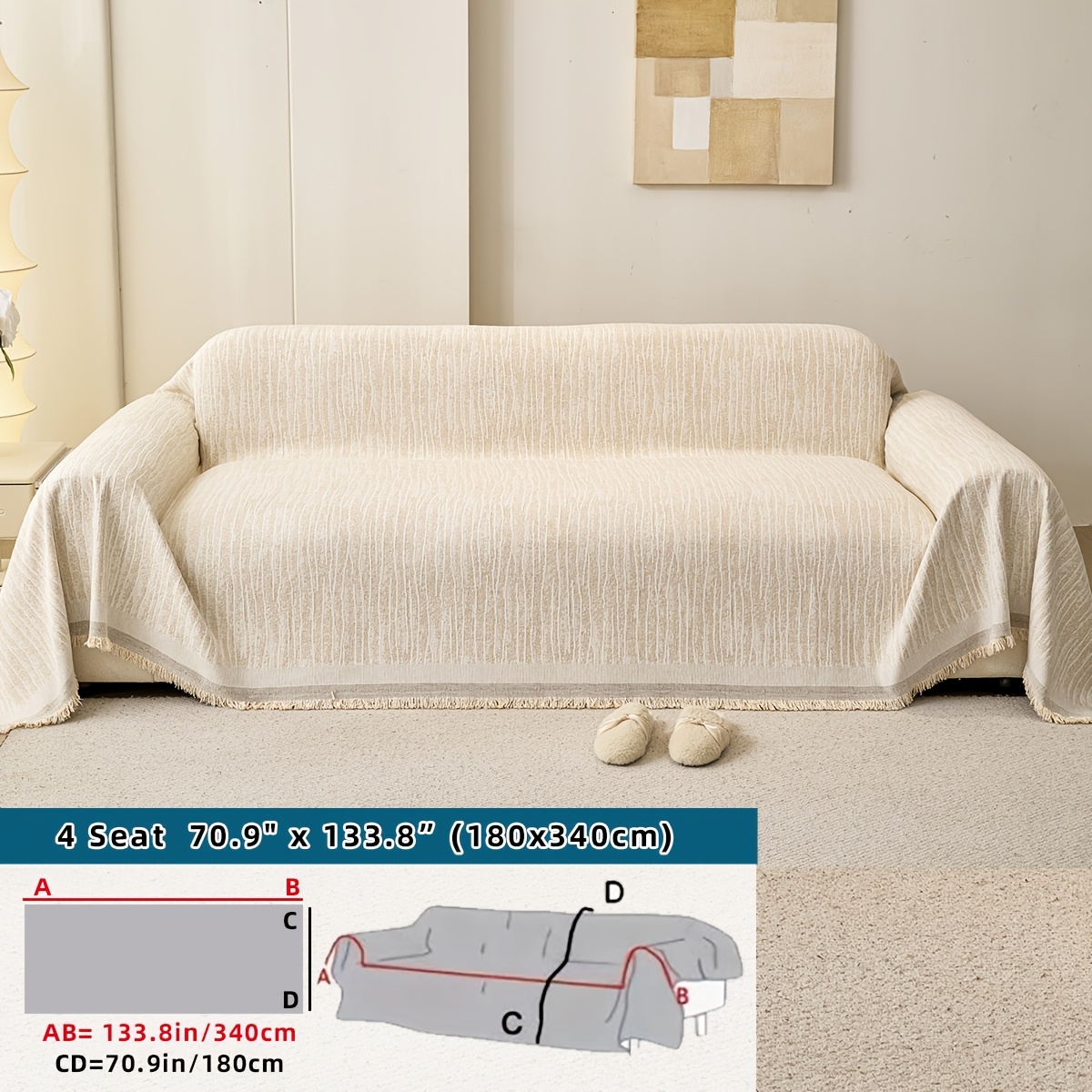 TEMU 1pc 1pc Sofa Cover Suitable For , Pet-friendly Machine Washable Chenille Cover With Fringe Trim, Fit For 1/2/3/4-seater Sofas, Modern Tassel For