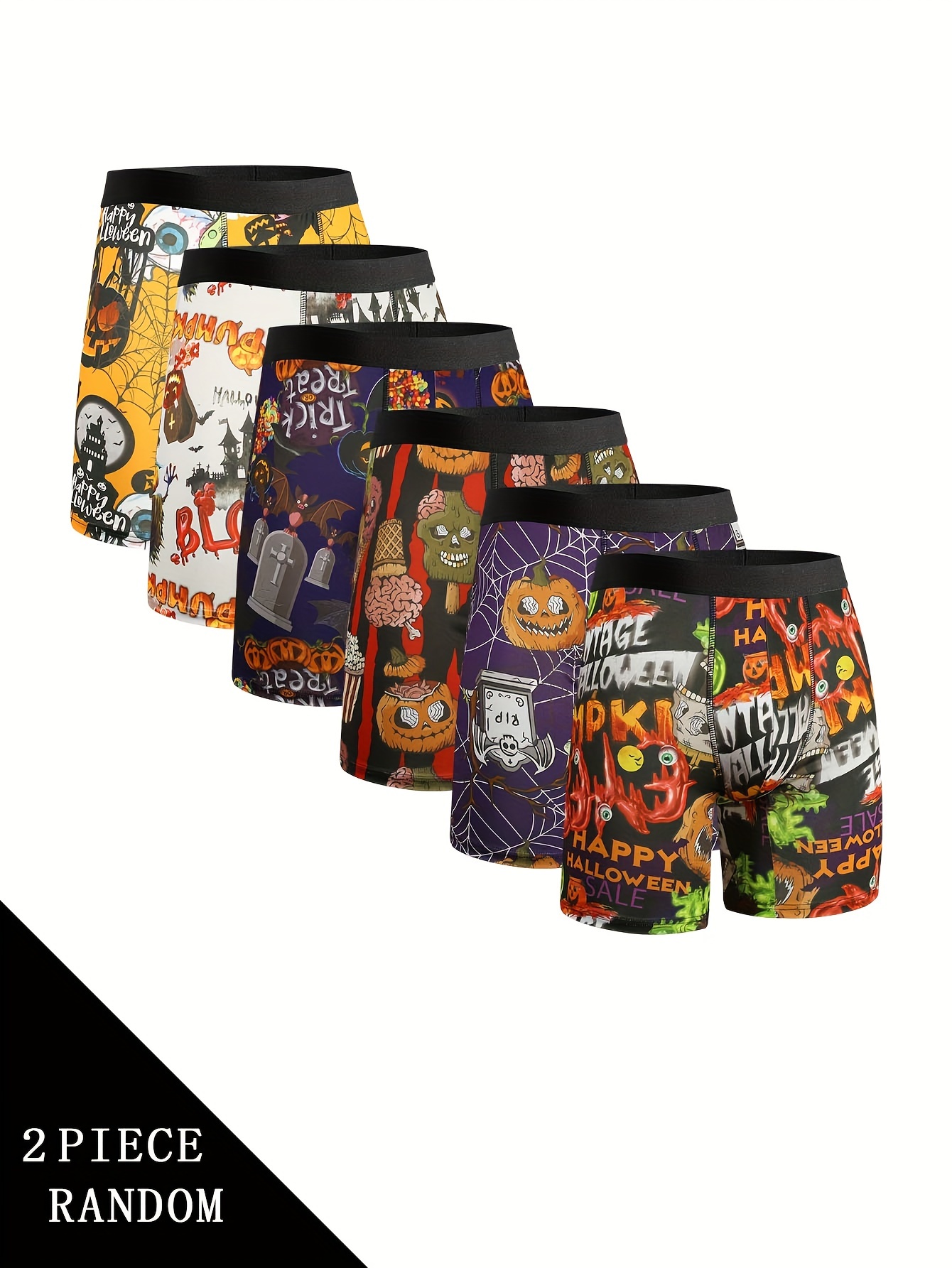 2pcs Men's Novel Random Halloween Theme Graphic Boxer Brief Shorts,  Breathable Comfy High Stretchy Boxer Trunks, Men's Underwear