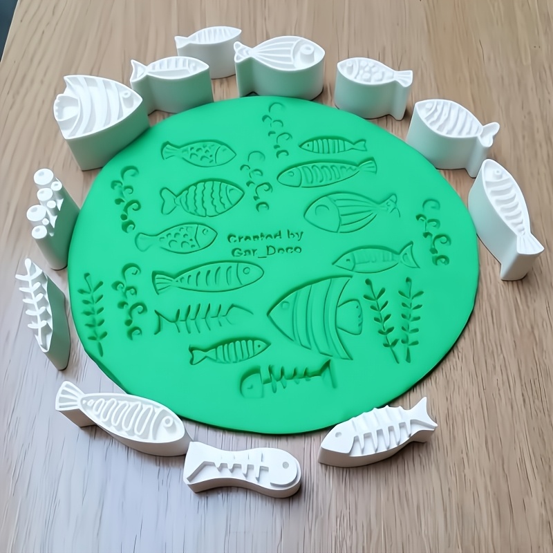 TEMU 12pcs Ocean Themed Clay Mold And Kit With Multi-shape Fish And Ocean Stamps - Plastic Craft Stamps Suitable For Polymer Clay, Wax, Resin Crafts,