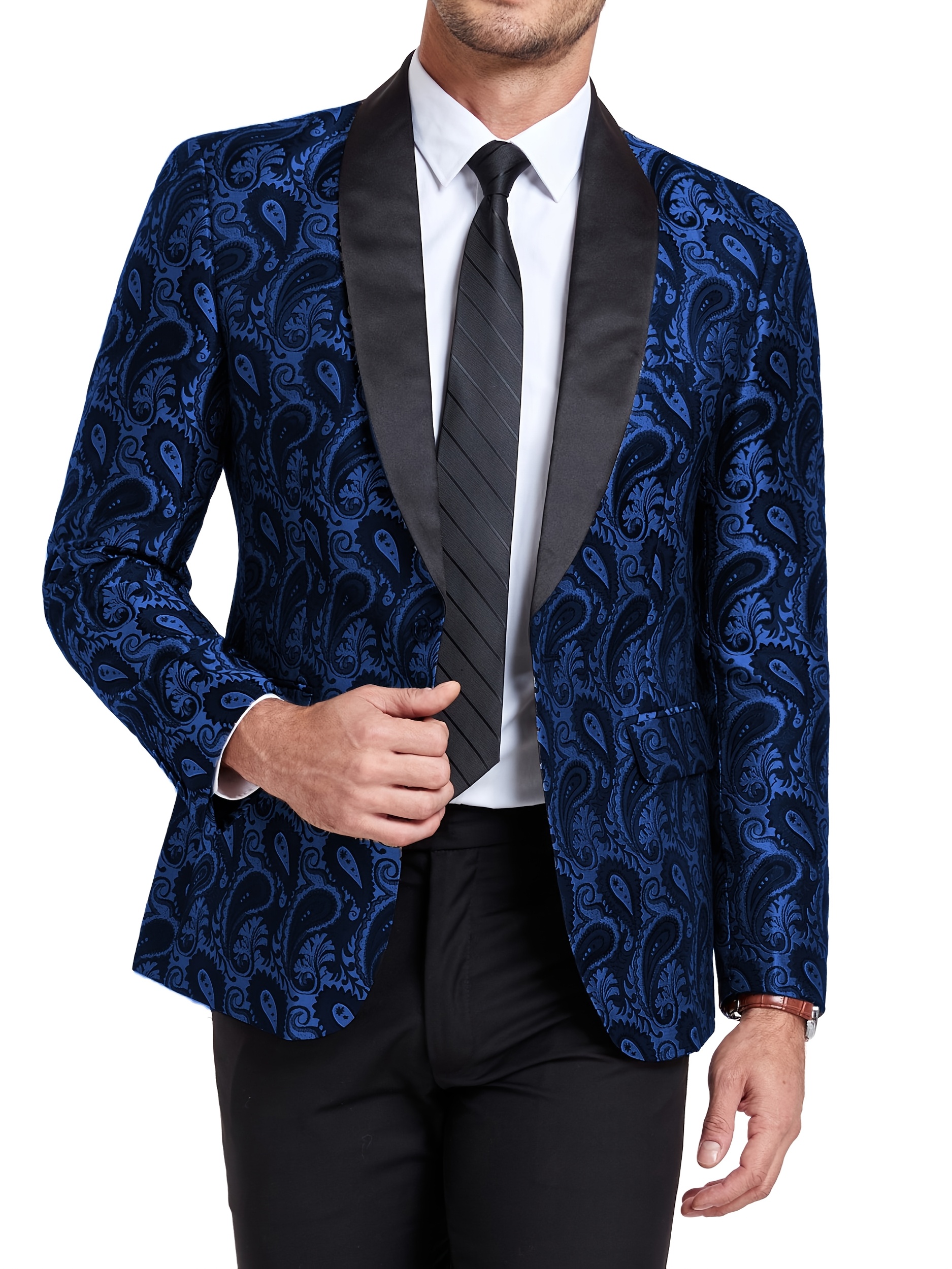 mens   fit single breasted jacket royal blue motif long sleeve button up with lapel collar   casual evening wear single breasted  
