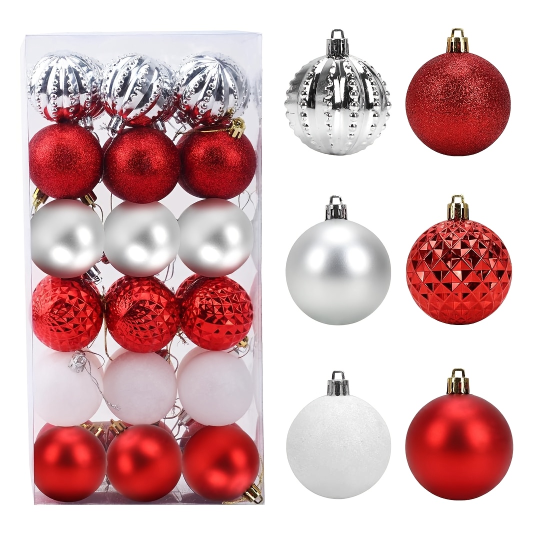 

36pcs Christmas Ball Ornaments Unbreakable Plastic Balls In 6 Styles Red/white/silvery 2.36” 60mm Gifts For Christmas Tree, Family , Holiday And Wedding Party