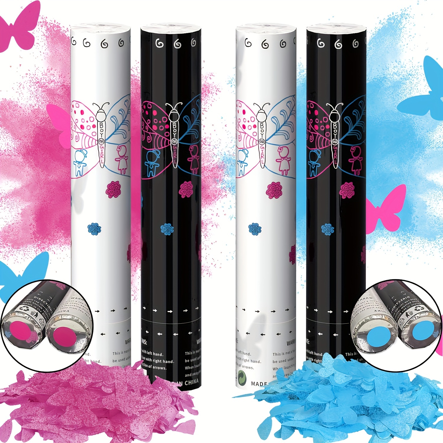 

Gender Reveal Butterfly Confetti Cannon With Color Powder, 4 Pack Blue And Pink Heart-shaped Confetti Poppers Smoke, 12inch Boy Or Girl Butterfly Theme Stick