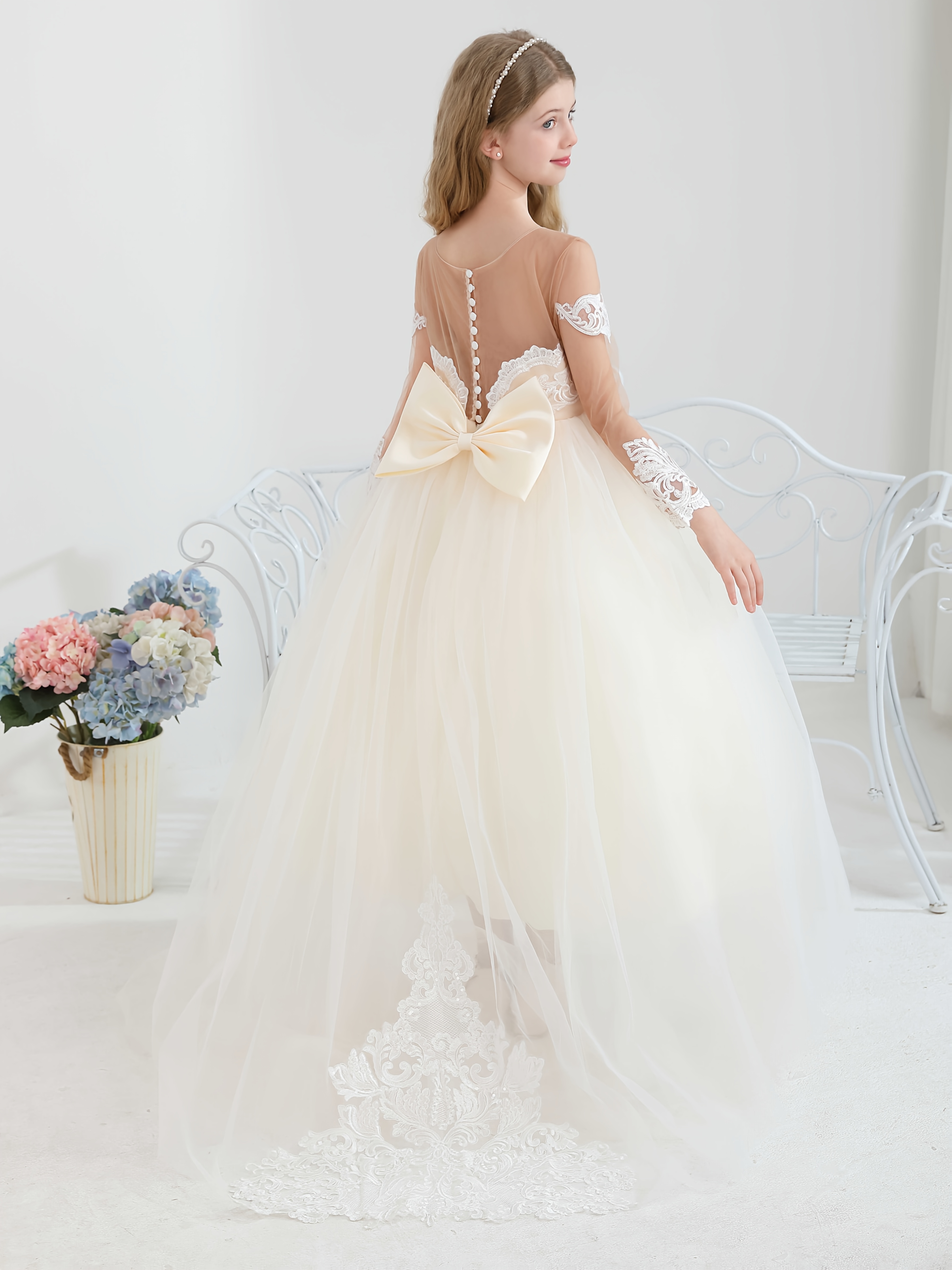 Robe tutu à manches longues avec broderie en dentelle pour filles, avec  détail de nœud Robe de fête et de mariage, coupe skinny toutes