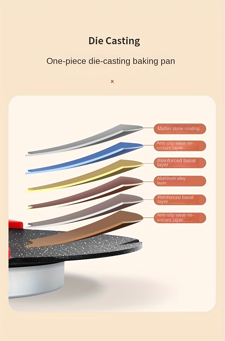 Round Multi-Purpose BBQ Pan in Korean Style, Perfect for Home Grilling. This Electric Grill Features a Non-Stick Surface And Is Ideal for Outdoor Barbecues. It Comes with a Red Handle And Adjustable Settings, Making It Great for Family Gatherings.