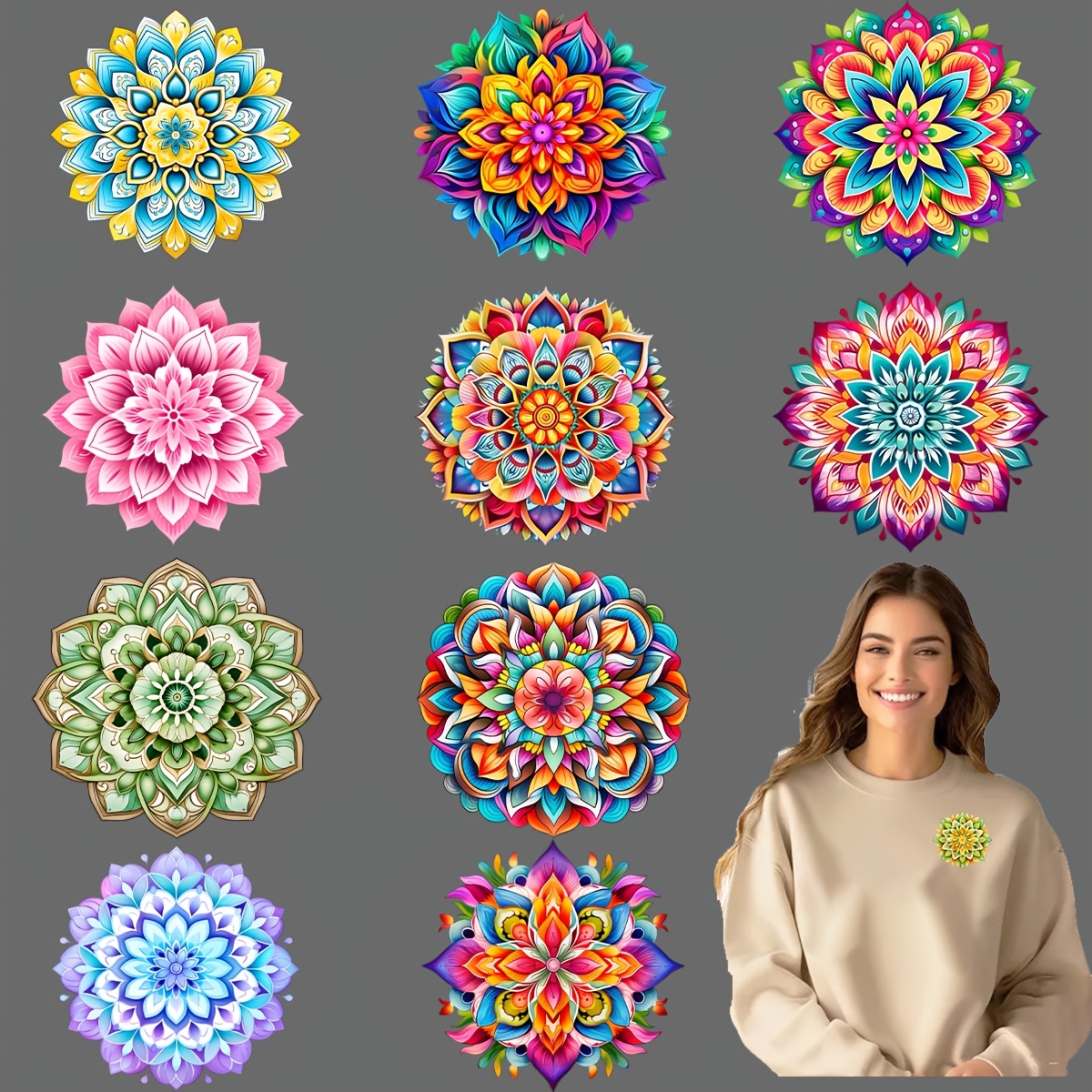 

12pcs Set Vibrant Mandala Iron-on Dtf Transfers, Washable Heat Transfer Designs, Decals, Patches For Diy T-shirts, Masks, Jeans, Backpacks - Plastic Material