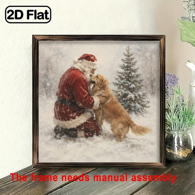 TEMU 2d Flat, Decorative Sign Plaque, 1pc Wooden Framed Picture - Vintage Santa Claus Golden Retriever Wall Art - 8x8 Inch Panel With Frame -