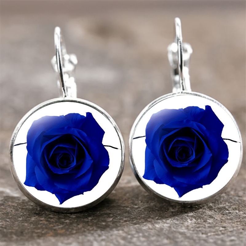 2pc Exquisite White Round Glass Inlaid Earrings with Blue Rose Petal Design