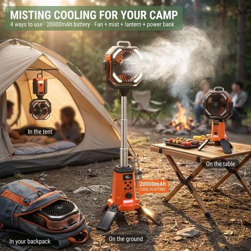 31 inch 20000mah dual motor camping mist fan 4in 1 fan humidifier lantern power bank height adjustable outdoor fan with 5 led lanterns 100 adjustment remote control portable with hook for tent ideal for camping