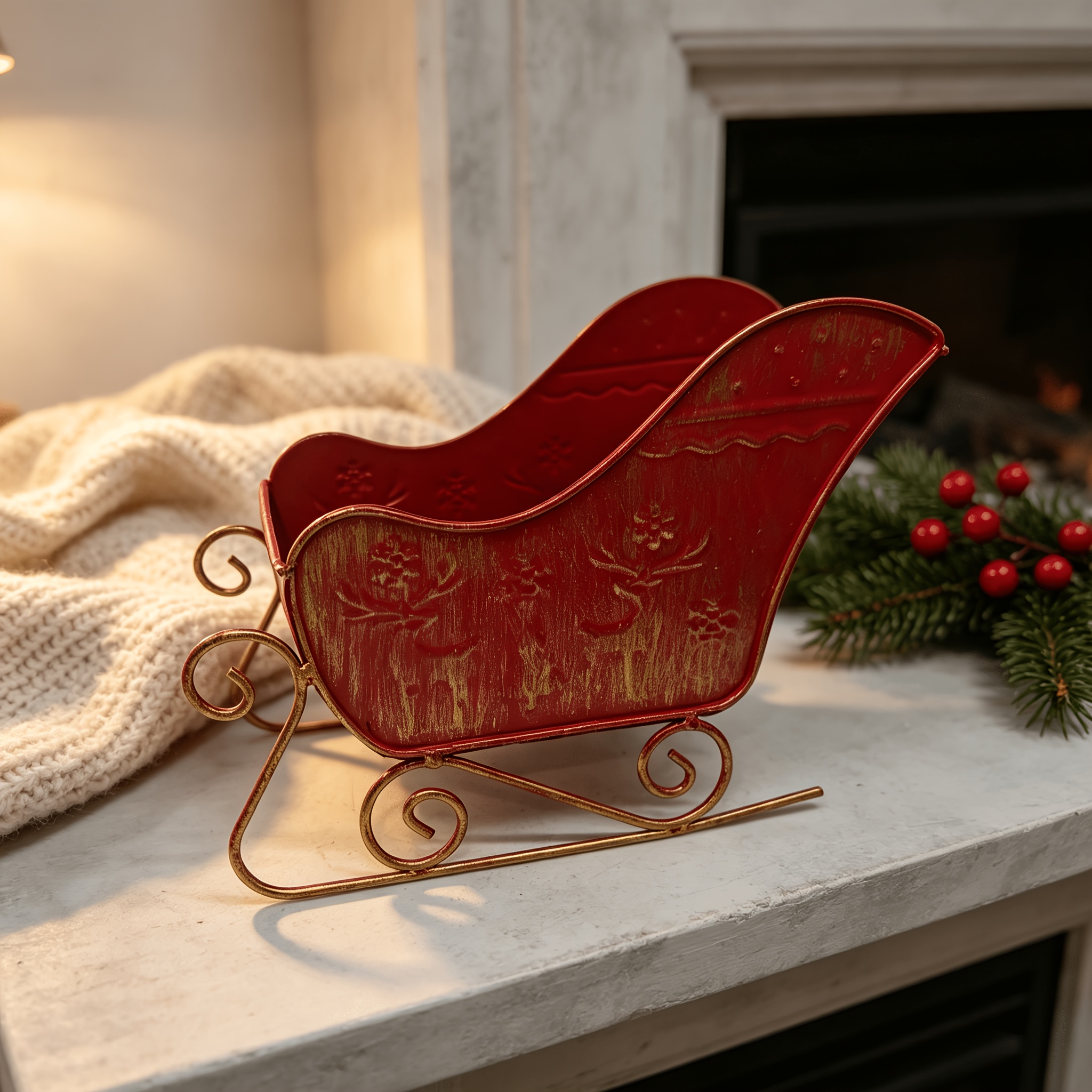 TEMU Art Sleigh Ornament, Vintage Red Golden Reindeer Embossed Sleigh Storage Basket, Upright Holiday Table Decoration, Indoor Fireplace/windowsill