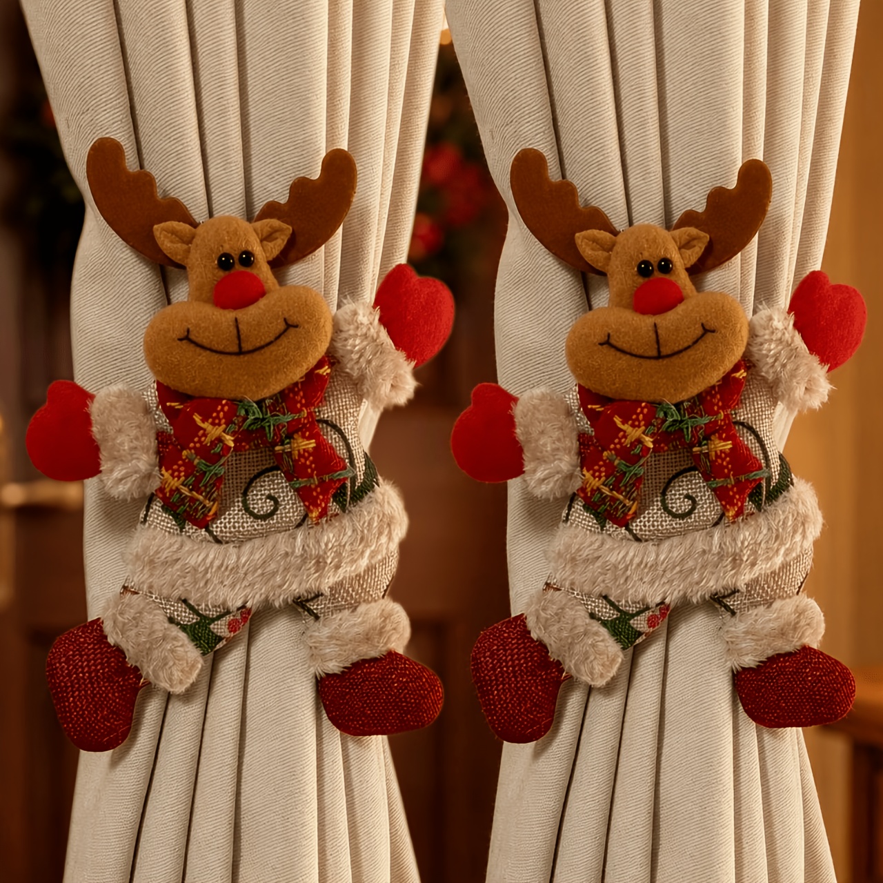 TEMU 2-pack Christmas Curtain Tiebacks And Hooks, Creative Santa/snowman/character Design, 2026 New Year Window Ornaments, Christmas Decor
