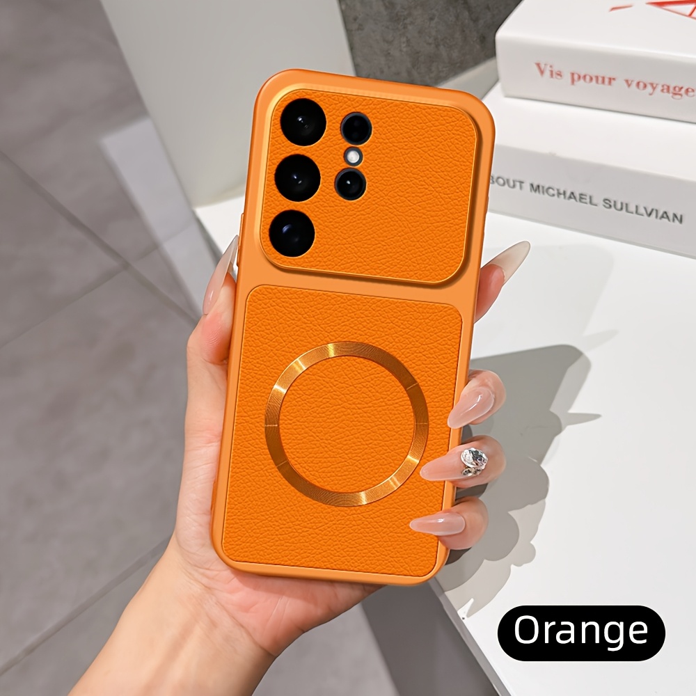 TEMU Phone Case - Fashion Pu Leather Grain Magnetic Wireless Charging Phone Case For S26 Ultra, Camera Lens Protection Shockproof Anti-fall Wireless