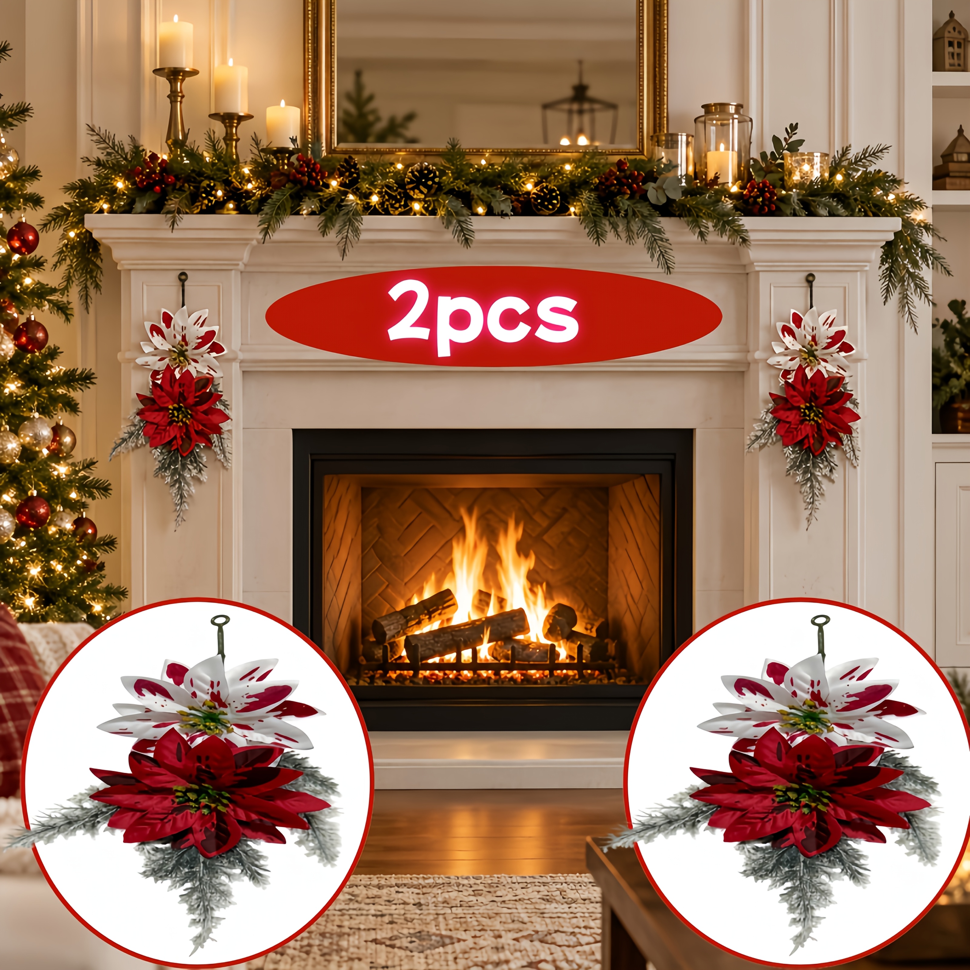TEMU 2pcs Extra Large Christmas Red And White Spotted Simulation Wall Hanging, Artificial Holiday Floral Branch, Suitable For Christmas Trees,