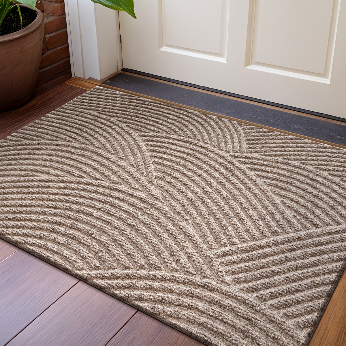   geometric stripe non slip mat durable polyester 100 hand wash only rectangular entryway mat for home office christmas decor gift beige brown striped design christmas     decor durable mat christmas decorations Product details 8
