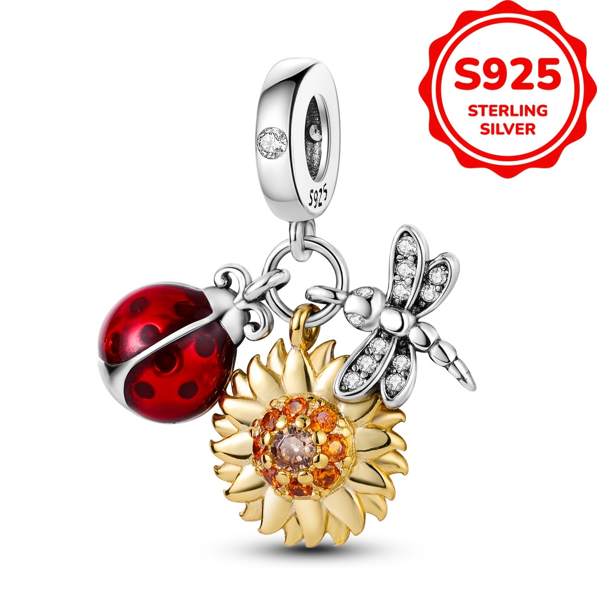 

1pc S925 Sterling Silver Ladybug & Sunflower Dragonfly Charm Pendant, Elegant Jewelry For Women, Ideal For Or Gift