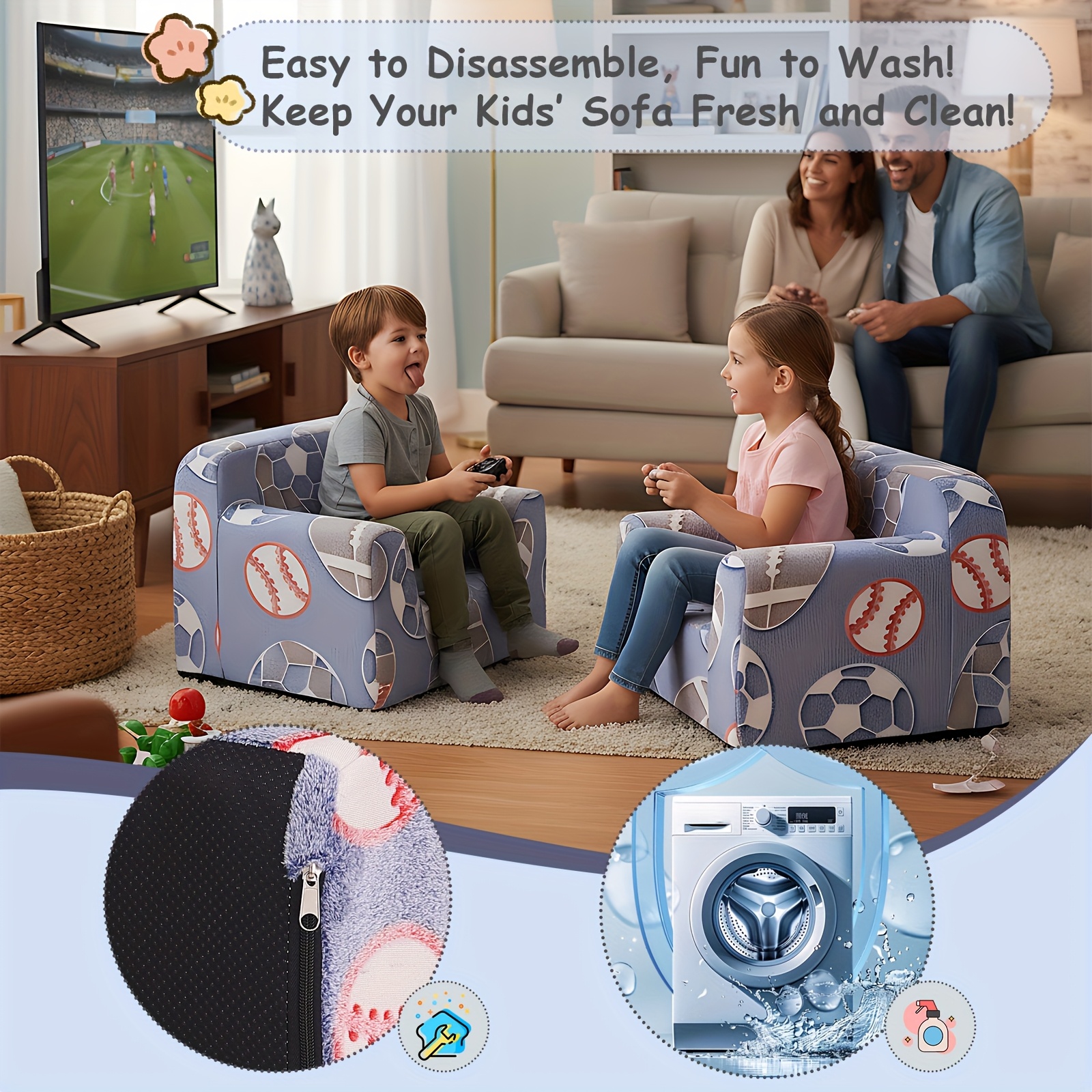 Welnow Sofa, Couch for Kids with Carry Handle And Side Pockets, Foam Chair for Toddlers, Armrest Chair for Kids, Reading Sofa for Boys Or Girls