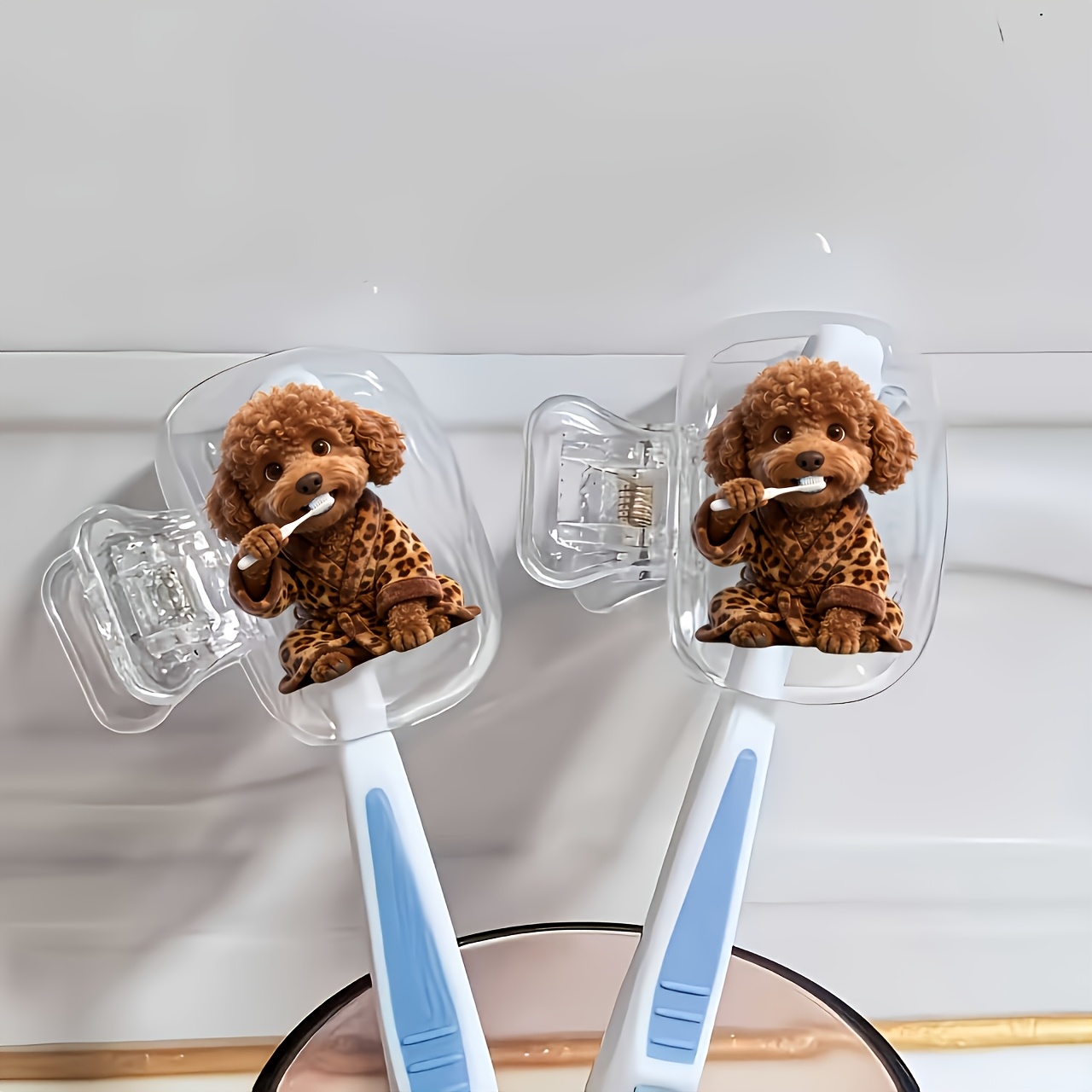 TEMU 2pcs Set: Portable Toothbrush Head Covers With A Brown Teddy Bear Brushing Teeth Pattern, Storage Box, Toothbrush Protective Cover Holder. A