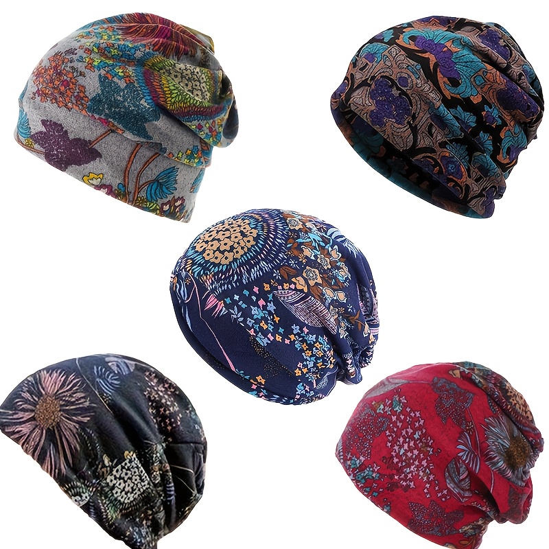 TEMU 4pcs/5pcs Bohemian Floral Print Small Hats, Men's And Women's Vintage Brimless Hats, Multi-functional Neck Cover, Stretchy Warm Hat, Warm And