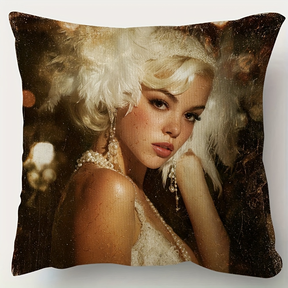TEMU 1pc Double-sided Vintage 1920s Roaring Art Deco Throw Pillow Cover - 18x18 Inch Soft Plush Case With -like Blonde Woman & Earring Design, Zipper