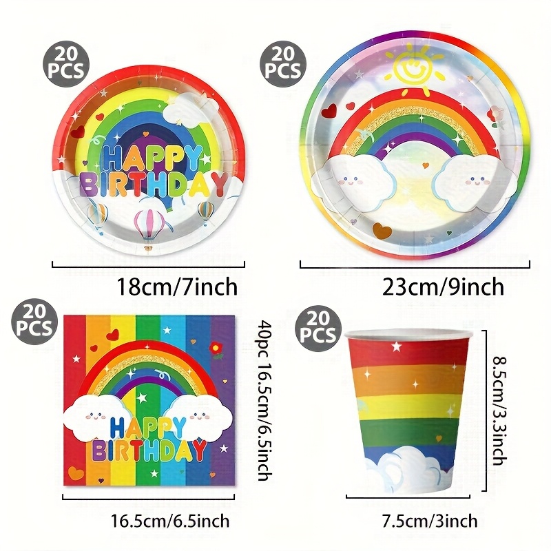 Image of 80pcs Rainbow Themed Party Disposable Tableware Set Of 80pcs (+20 Cups+20 Tissues) Is Perfect For Birthdays, Graduation, And School , Wedding Banquets, Afternoon Tea, And Christmas Family Parties.