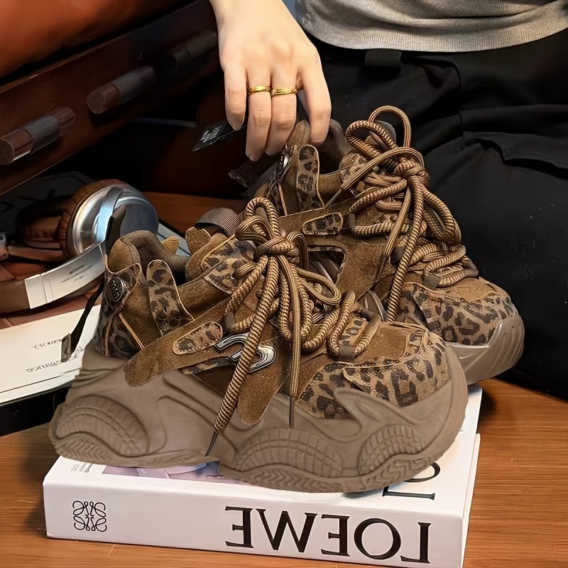 TEMU 2026 New Leopard Print Dad Shoes Thick Sole Heel Fashion Versatile Casual Sports Shoes Women's Model, Women Shoes, Sneakers