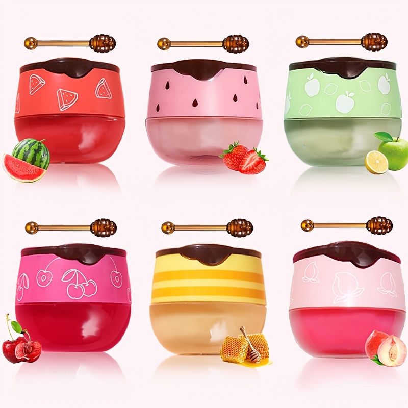 TEMU 6pcs Lip Balm, Honey Pot Lip Mask, Honey, Strawberry, , Watermelon, Cherry, Coconut, Peach Lip Balm Moisturizing Honey Lip Mask Lip Balm For