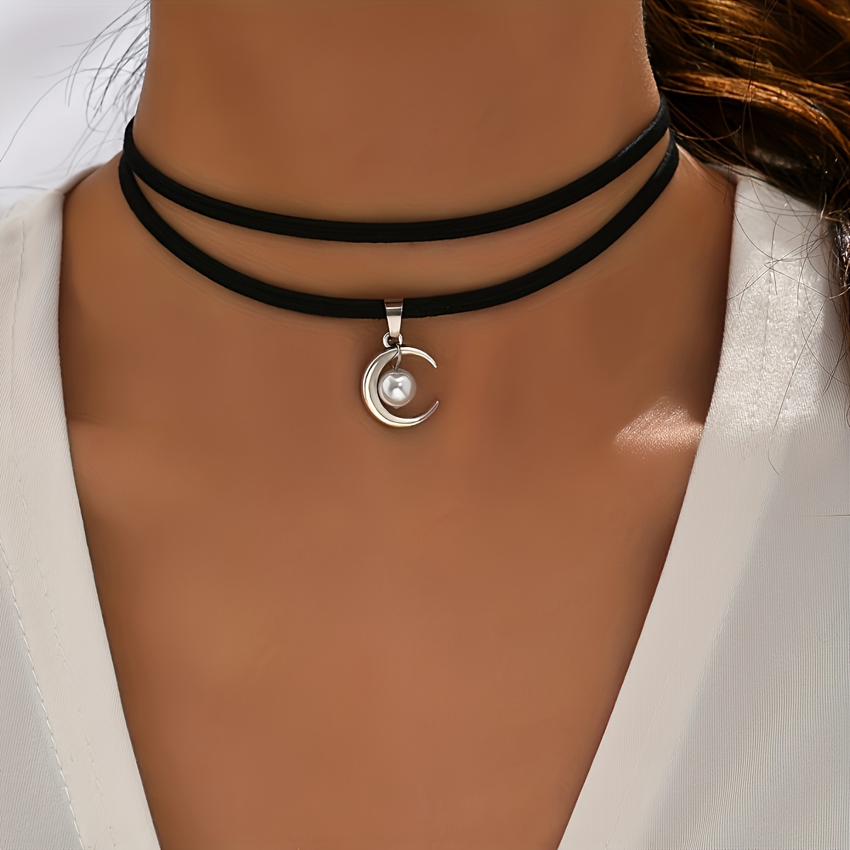 E-shop Modische, einfache, doppellagige Halskette mit schwarzer Seil-Mondanhänger, geeignet für den täglichen Partylook
