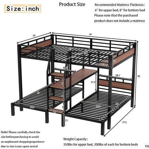 3 in 1 bed queen over twin over bunk bed triple metal bunk bed with storage shelves and storage stairs easy to assemble suitable for bedrooms guest rooms apartments dormitories black