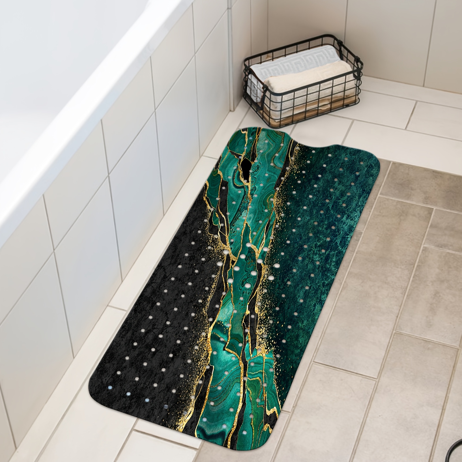 TEMU Marble Dark Green Bath Tub Mat Non Slip, Extra Long 40 X 16 Inch Anti Slip Mat For Bathtub, Abstract Black Shower Mat With Drain Holes And