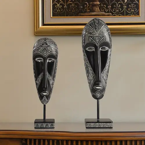 handcrafted vintage painted resin african mask figurine unique exotic home decor desk ornament art carving work statue decor artistic decoration cultural sculpture for living coffee shop
