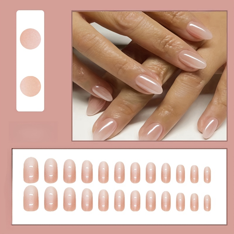 TEMU 24pcs Set Medium-length For Lotus Pink Ombre Oval Press-on Nails, Glossy Smudge-effect Simple Press-on Fake Nails, Includes Jelly Glue And Nail