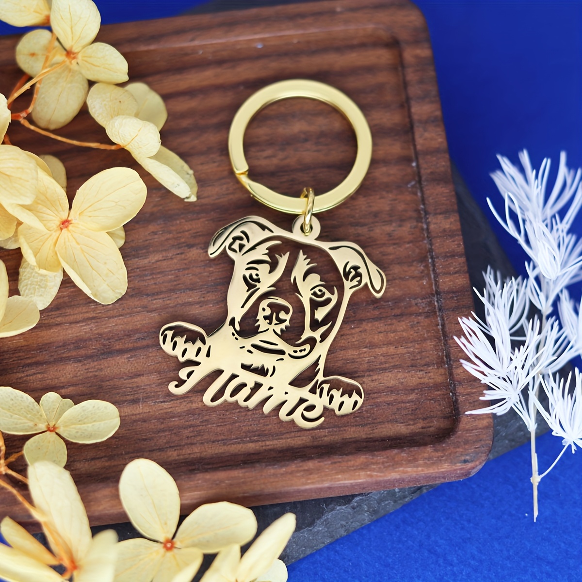 TEMU Custom Name Keychain, Elegant Personalized Keyring, American Staffordshire Terrier Dog Keychain Featuring Name, Dog Breed Silhouette Keyring,