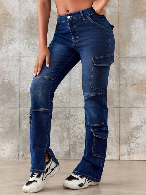 womens side multi denim jeans with elastic straight leg street style solid color denim pants