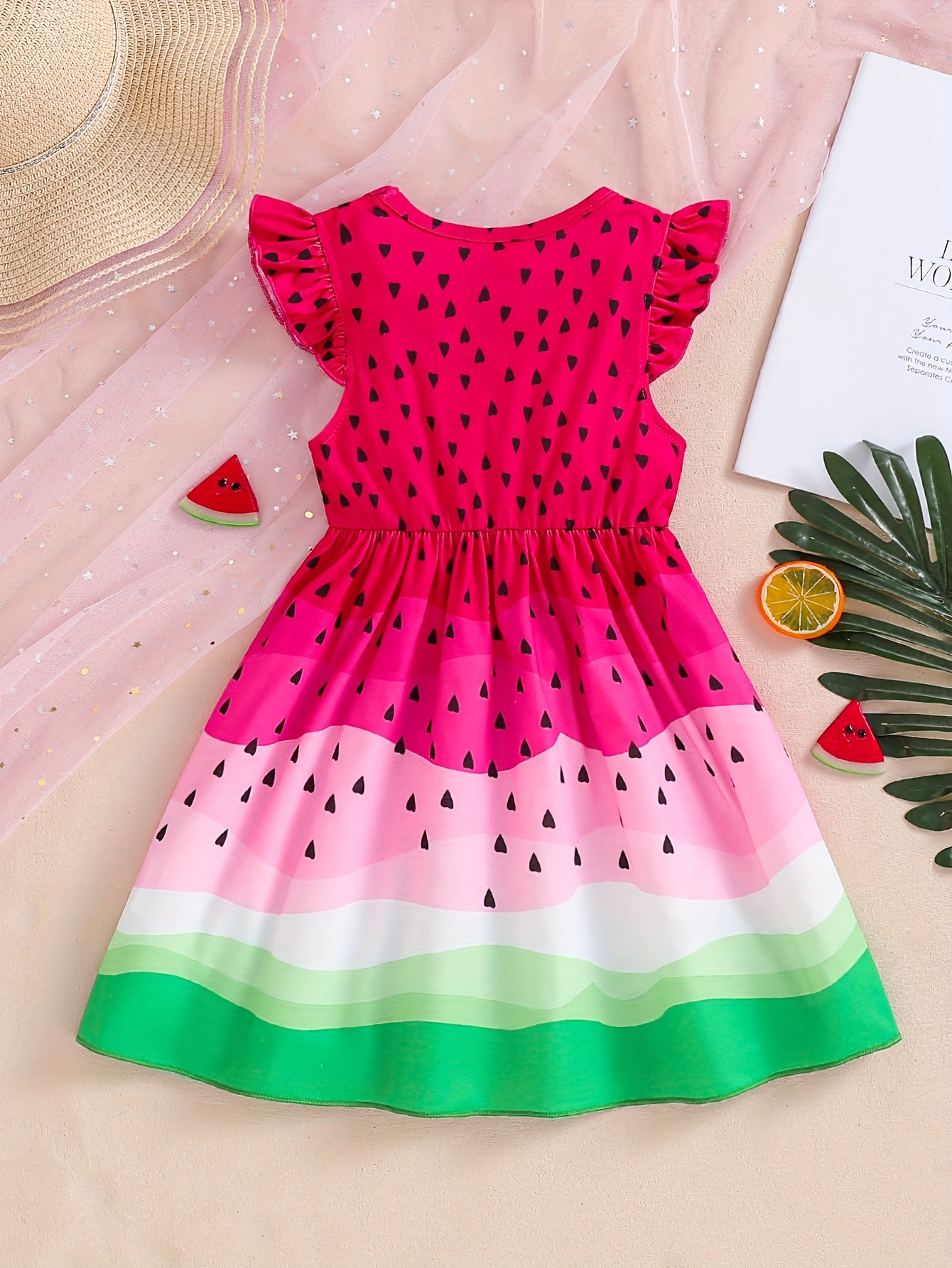 Cute And * Print Gradient Color Round Neck Dress with Flutter Sleeves And  Elastic Waist for Girls * And Summer