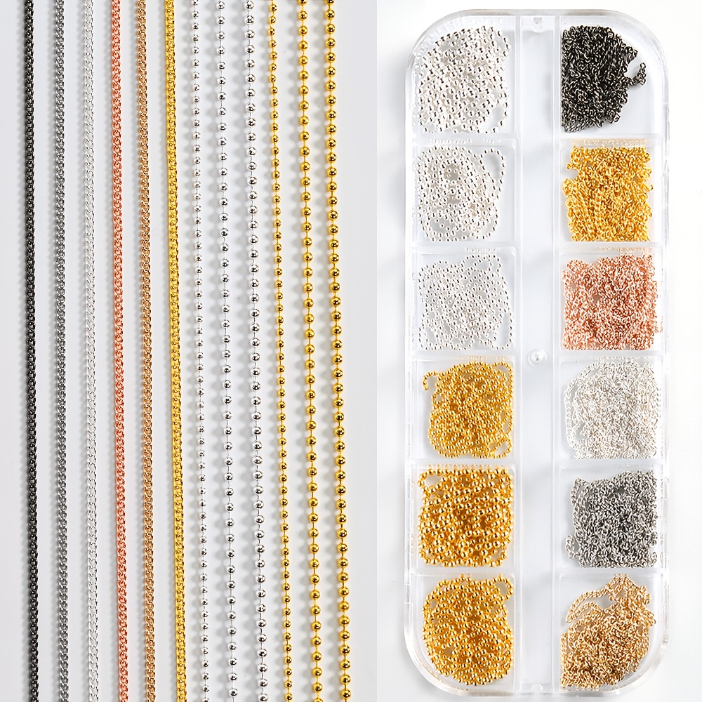 TEMU 12 Grids/box 50cm X 12pcs Metal Chain For Nail Art Charms, Tiny Bead Chain Link 3d For Nail Jewelry With Golden Silvery Rose Gray Black Colors