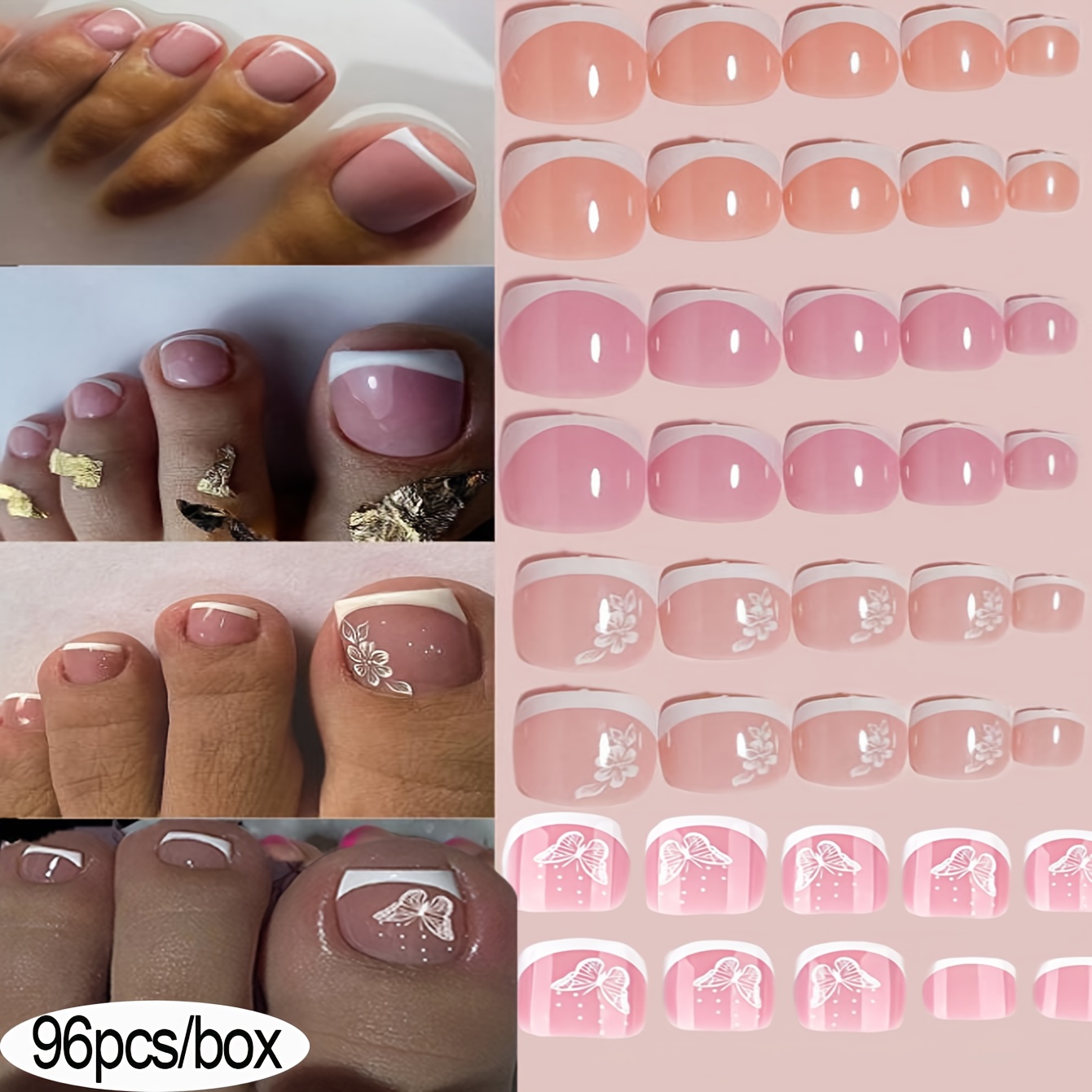 E-shop 96-teiliges 4-Farben-Pediküre-Falsche-Nägel-Set, vorgegebene Mode-Muster, einfach aufzutragende Zehennagelkunst, ideal für & Busy Bees, um