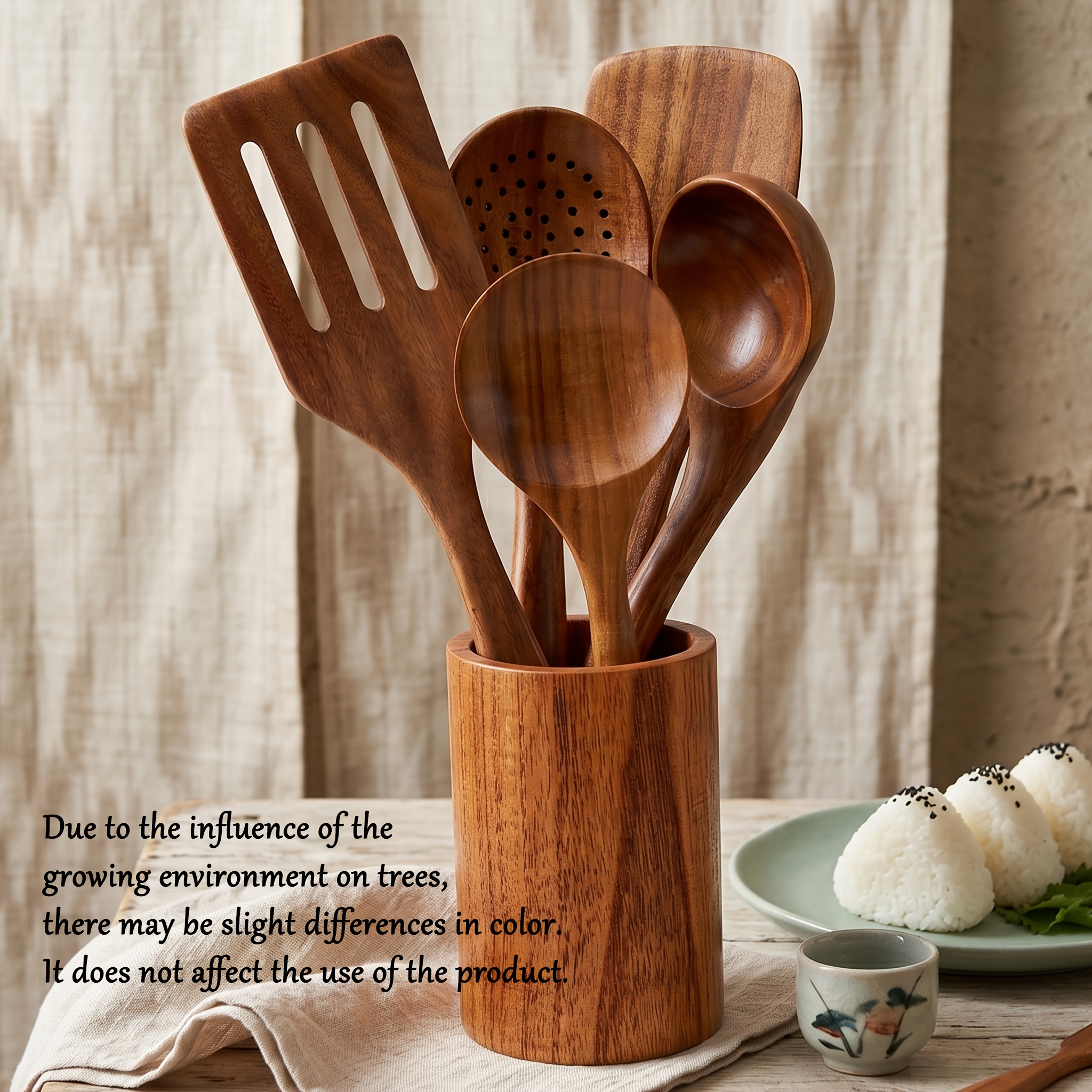 Image of Aiuhi 6pcs-521g Wooden Cooking Utensils Set Wooden Spoons For Cooking Wooden Utensil Set With Holder Grip Cooking Spoons