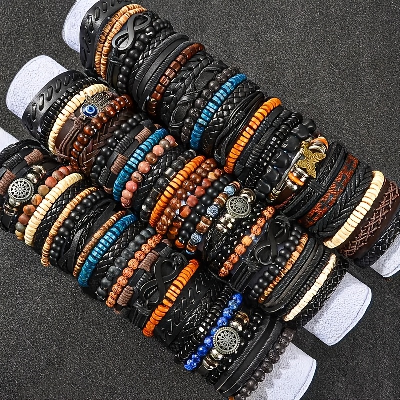 

18/36pcs Set Of Men's Bracelets With Wooden Beads And Pu Leather Combination, Men's Bracelets, Vintage , Christmas