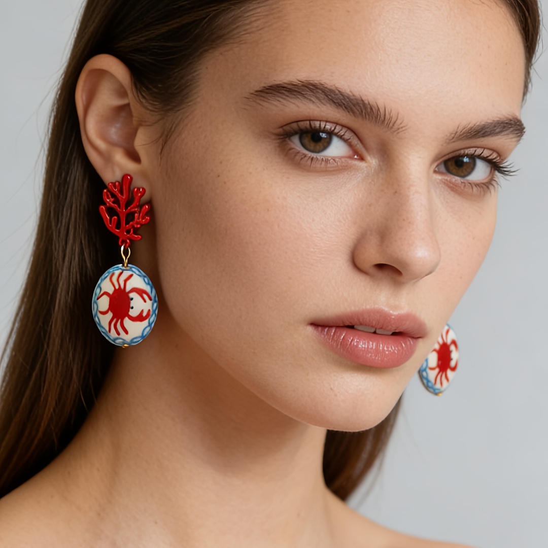 TEMU 1 Paire de Boucles d'Oreilles en Céramique Thème Océanique - Crevettes et Poissons - Mode, Unique, Vintage, et , 3D à , Parfaites pour , Loisirs