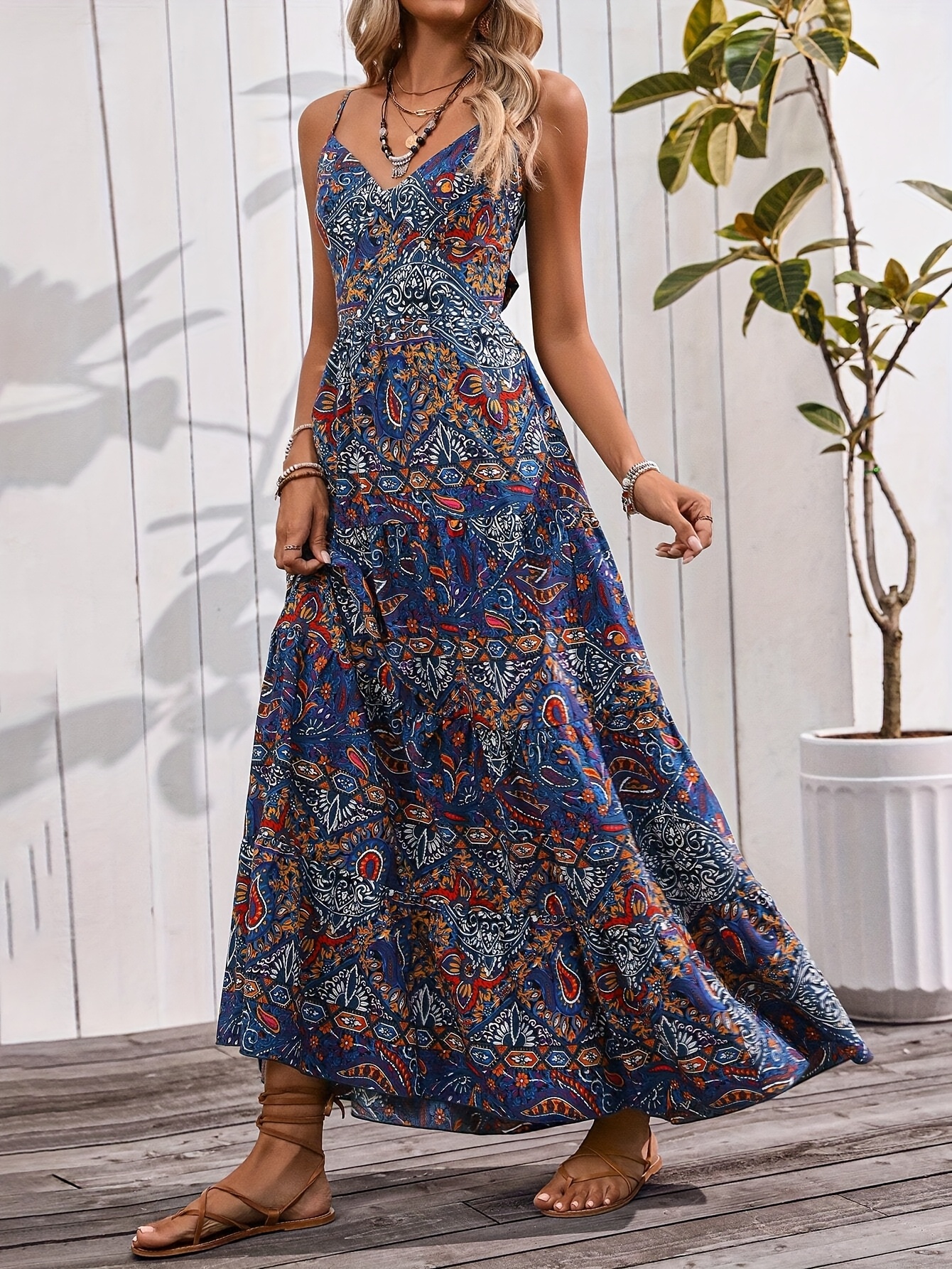strapless open back dress Vintage Printed Spaghetti Strap Maxi Dress with High Side Slit for Eff   Canary Houze