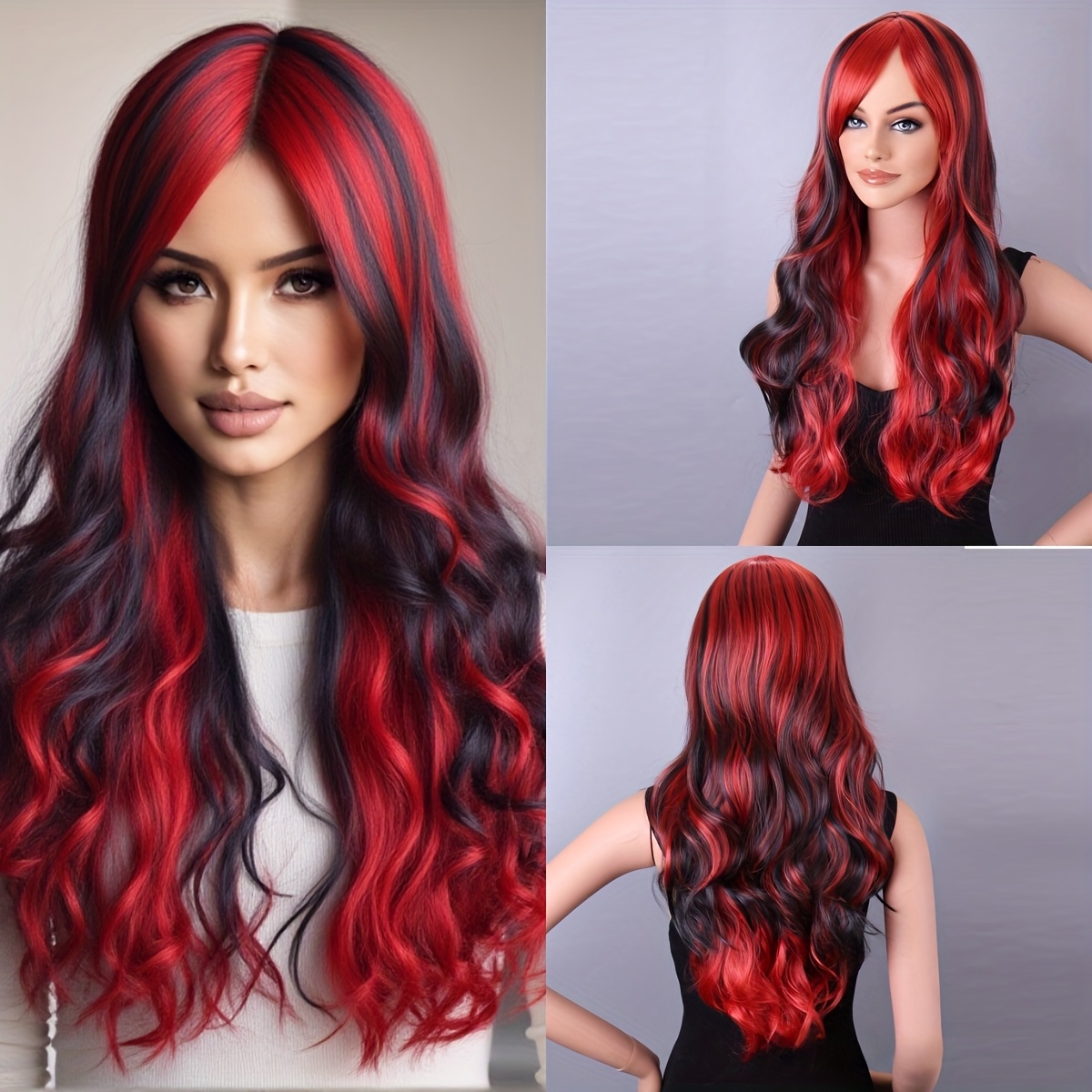 E-shop 26-Zoll rote und schwarze Verlauf-Perücke mit Pony, ideal für Partys oder Halloween-Frisuren